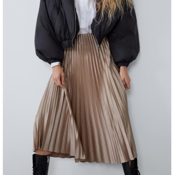 Zara Dresses & Skirts - NWT Zara Gold Pleated Satin Effect Midi Skirt TRF